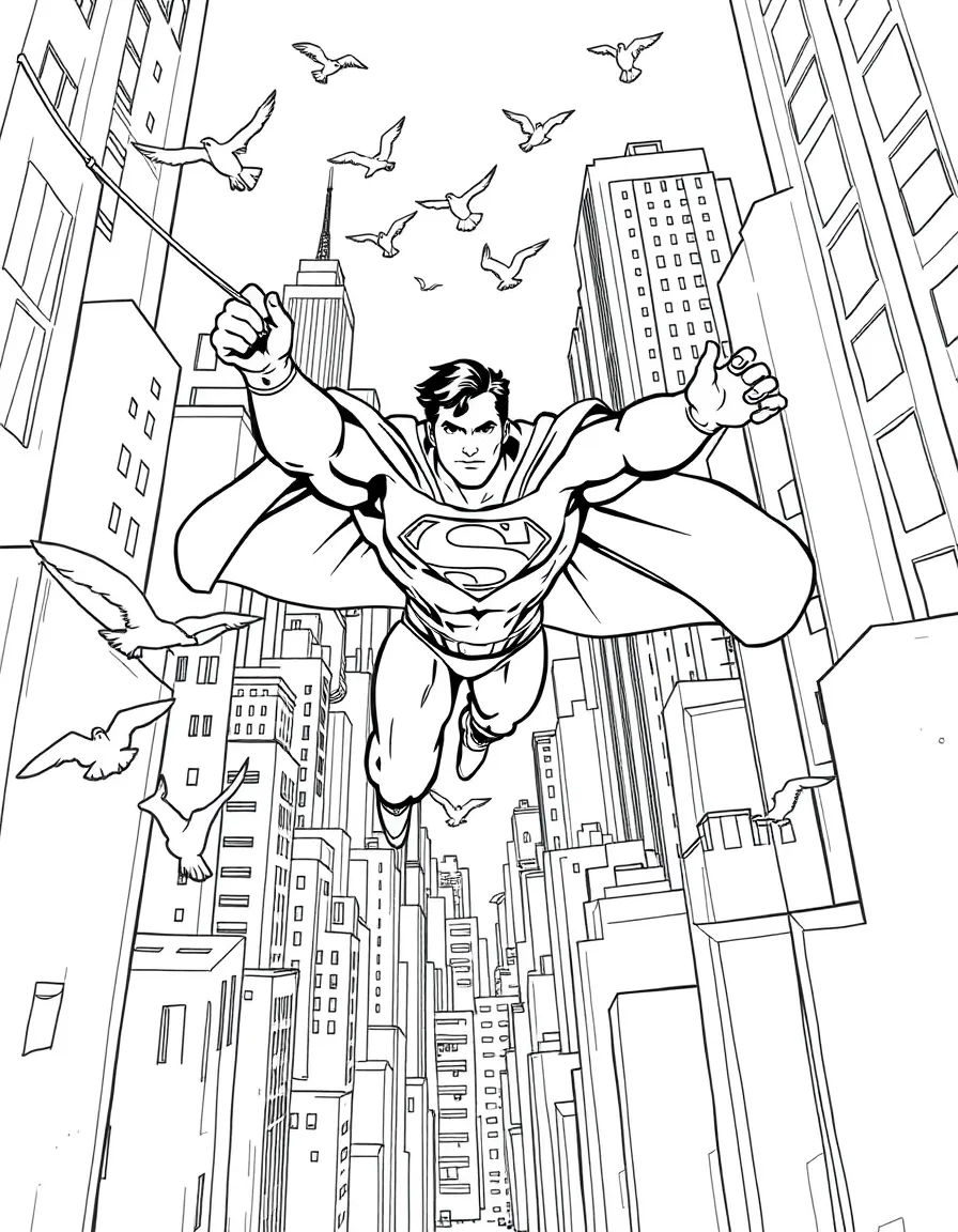 A fun and detailed coloring page of Superman swinging through a city full of tall buildings and birds.