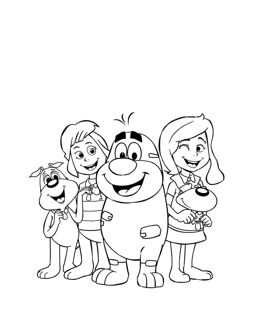A group coloring page featuring Rubble with other characters from the same show or movie.