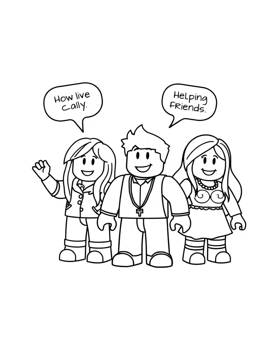 A cartoon-style drawing of Roblox helping friends, with speech bubbles and cheerful faces.
