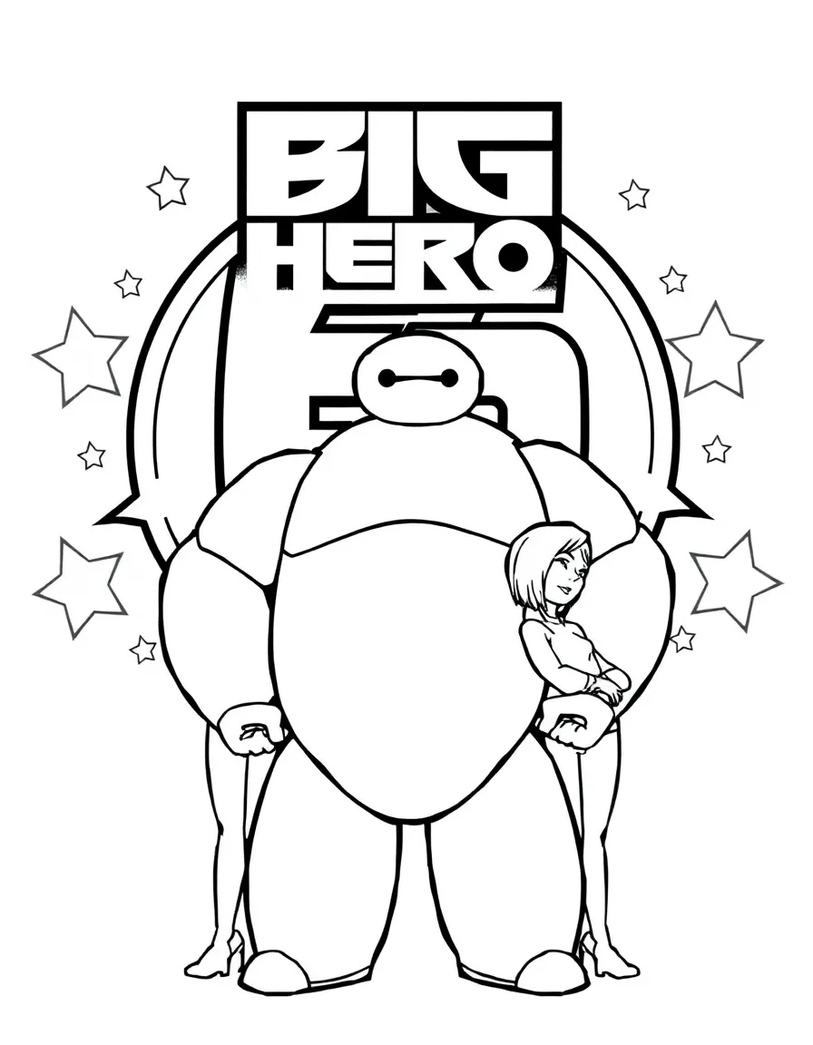 Big Hero 6 standing proudly in front of their iconic logo with stars and comic-style effects around.