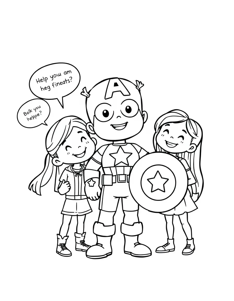 A cartoon-style drawing of Captain America helping friends, with speech bubbles and cheerful faces.
