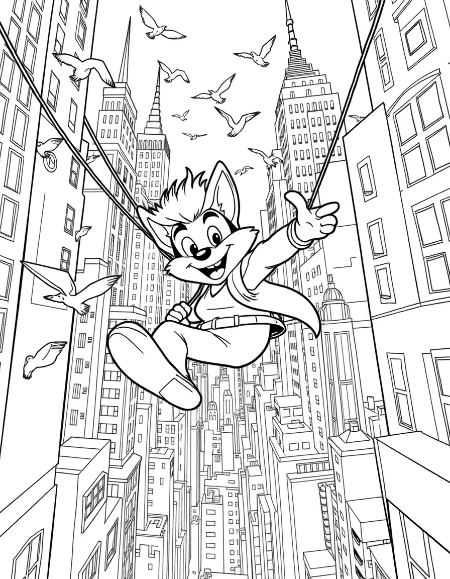 A fun and detailed coloring page of Nick Wilde swinging through a city full of tall buildings and birds.