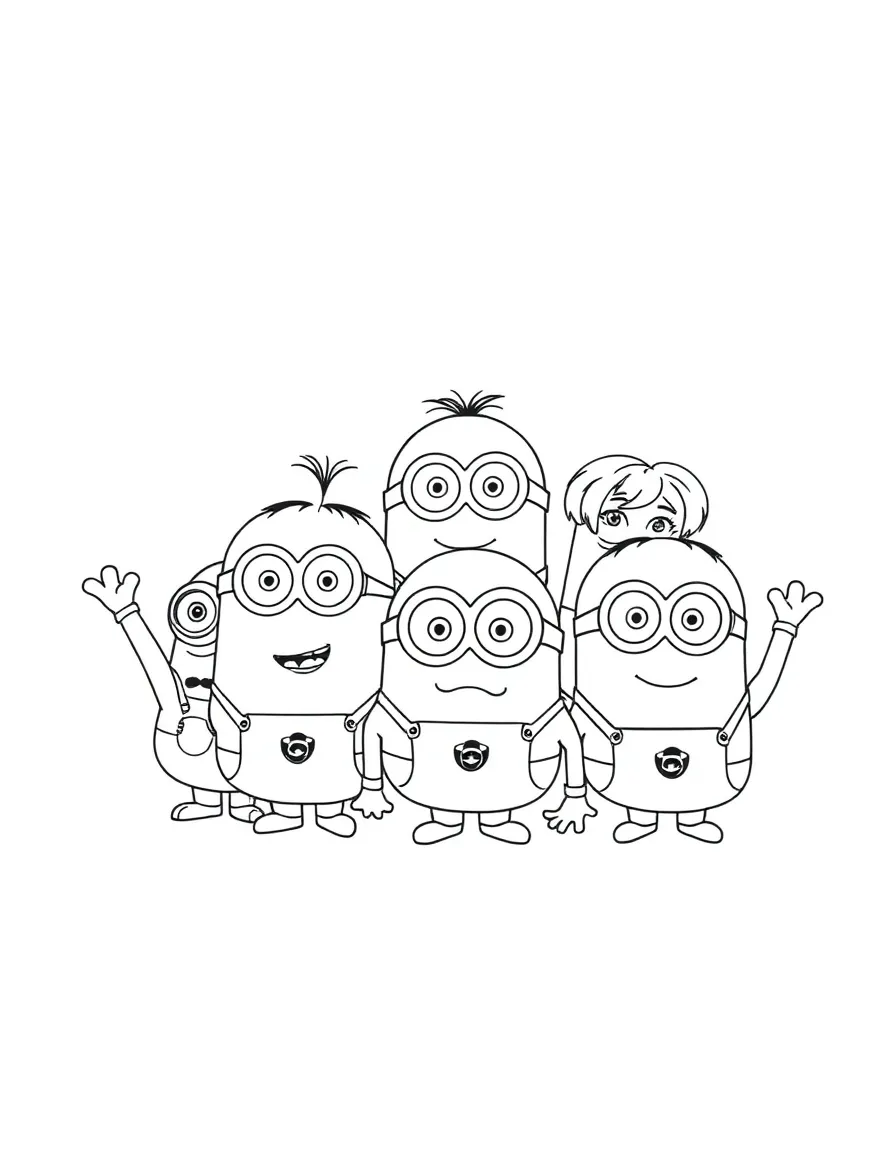 A group coloring page featuring Minions with other characters from the same show or movie.