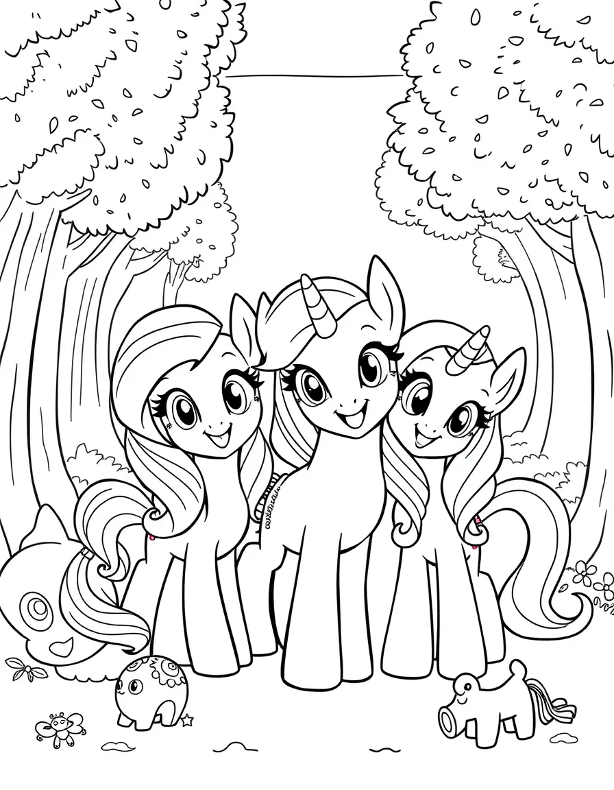 My Little Pony smiling and posing with their sidekicks, surrounded by trees, toys, or fun backgrounds.