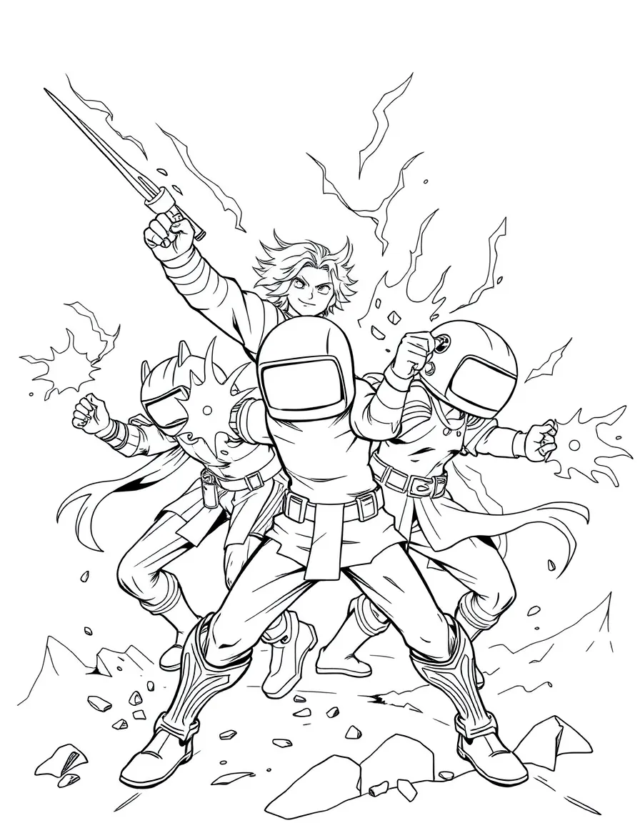 An action-packed scene of Among Us using their special powers in a dramatic battle pose.
