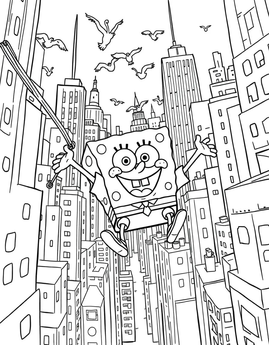 A fun and detailed coloring page of SpongeBob SquarePants swinging through a city full of tall buildings and birds.