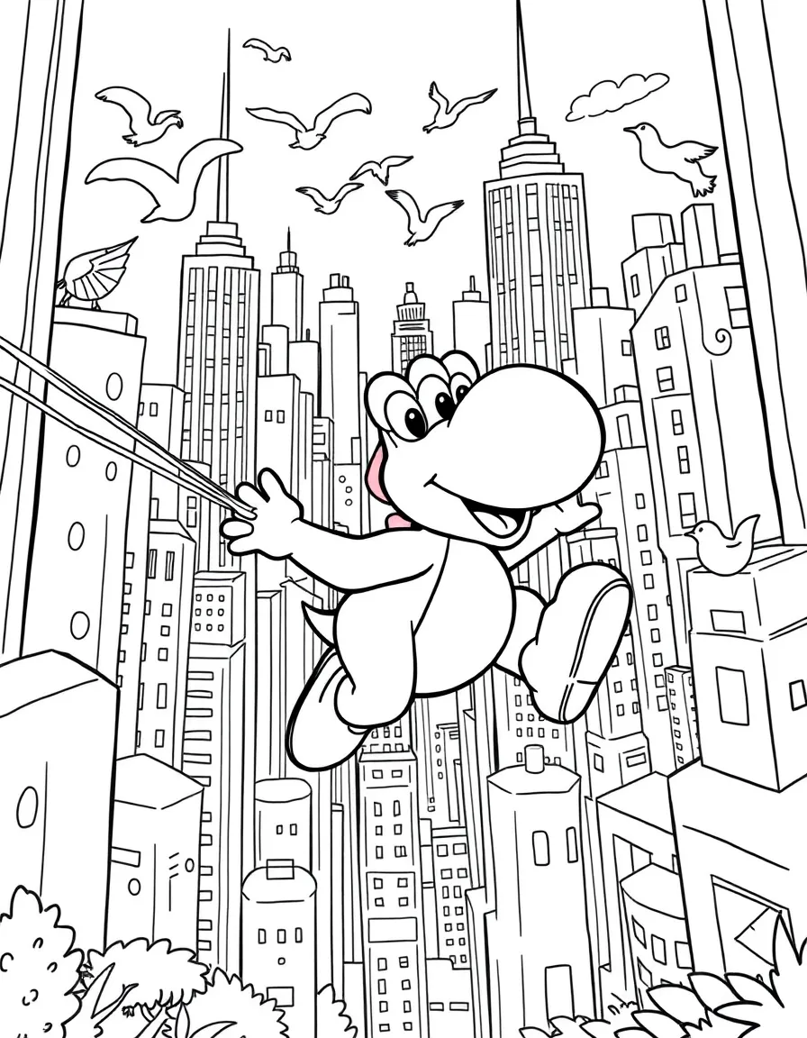 A fun and detailed coloring page of Yoshi swinging through a city full of tall buildings and birds.