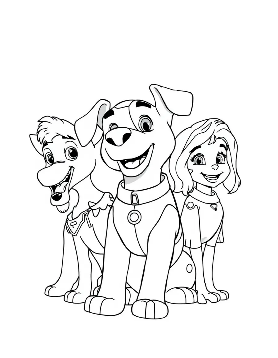 A group coloring page featuring Marshall with other characters from the same show or movie.