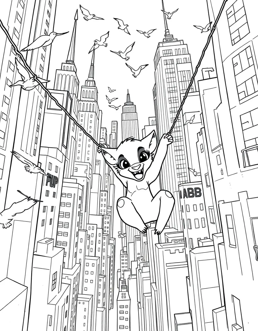 A fun and detailed coloring page of Nala swinging through a city full of tall buildings and birds.