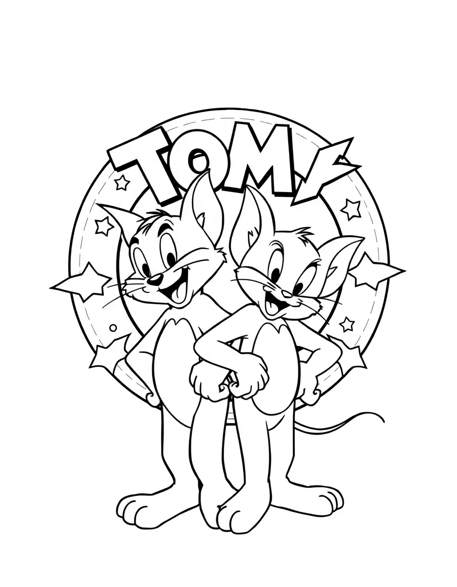 Tom and Jerry standing proudly in front of their iconic logo with stars and comic-style effects around.