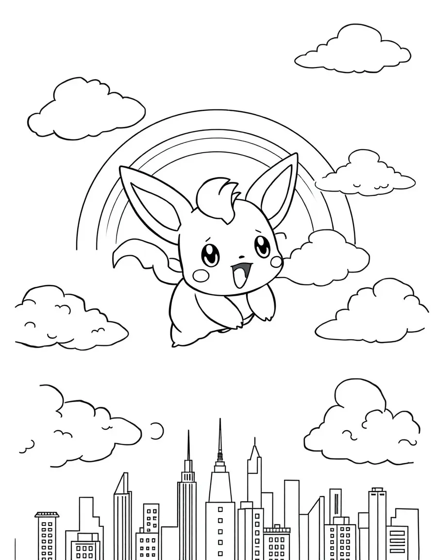 Jigglypuff flying through the clouds with a rainbow behind and city skyline below.