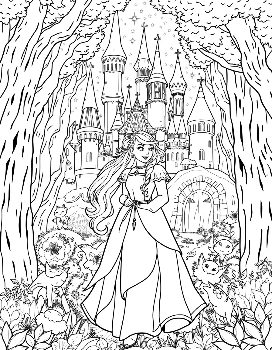 A fantasy background of Fiona in a magical forest or castle, with sparkles and mystical creatures.