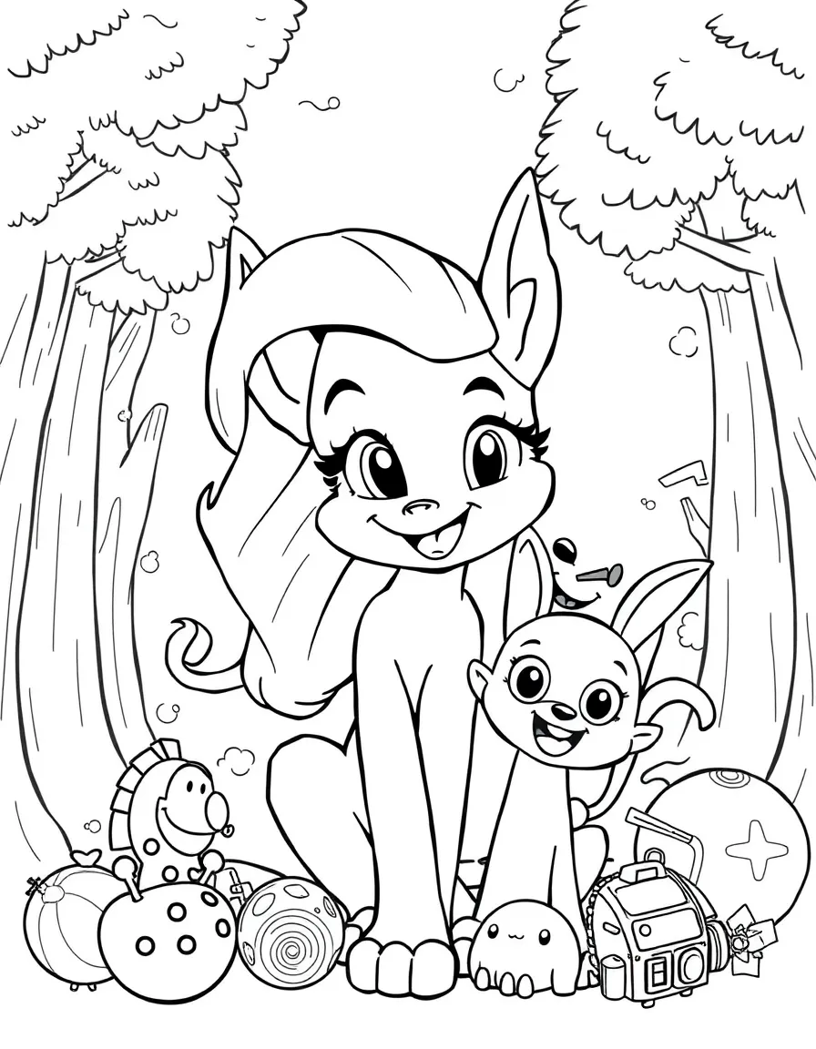 Skye smiling and posing with their sidekicks, surrounded by trees, toys, or fun backgrounds.