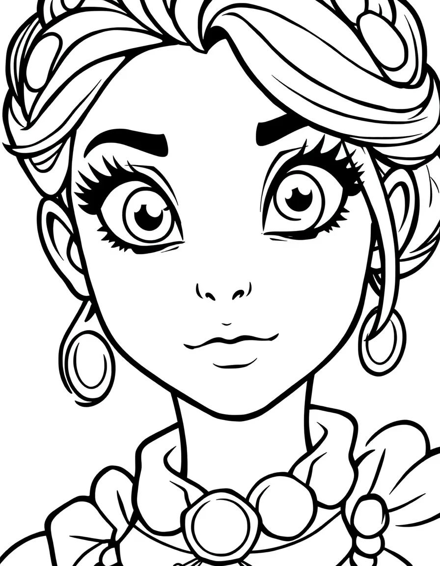 A close-up of Luisa's face in bold lines with expressive eyes and detailed costume elements.