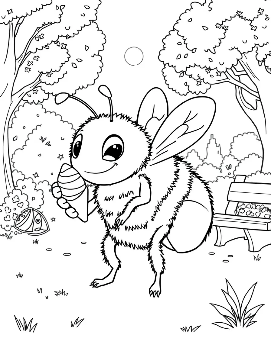 Bumblebee enjoying a day off, eating ice cream or playing with friends in a park setting.