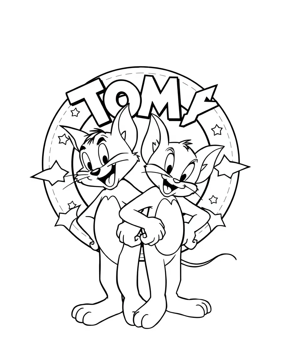 Tom and Jerry standing proudly in front of their iconic logo with stars and comic-style effects around.