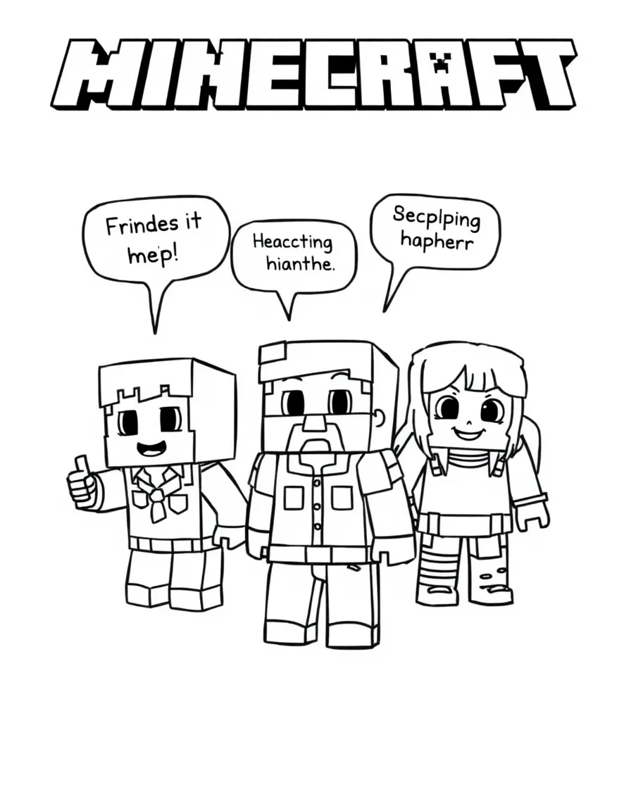 A cartoon-style drawing of Minecraft helping friends, with speech bubbles and cheerful faces.