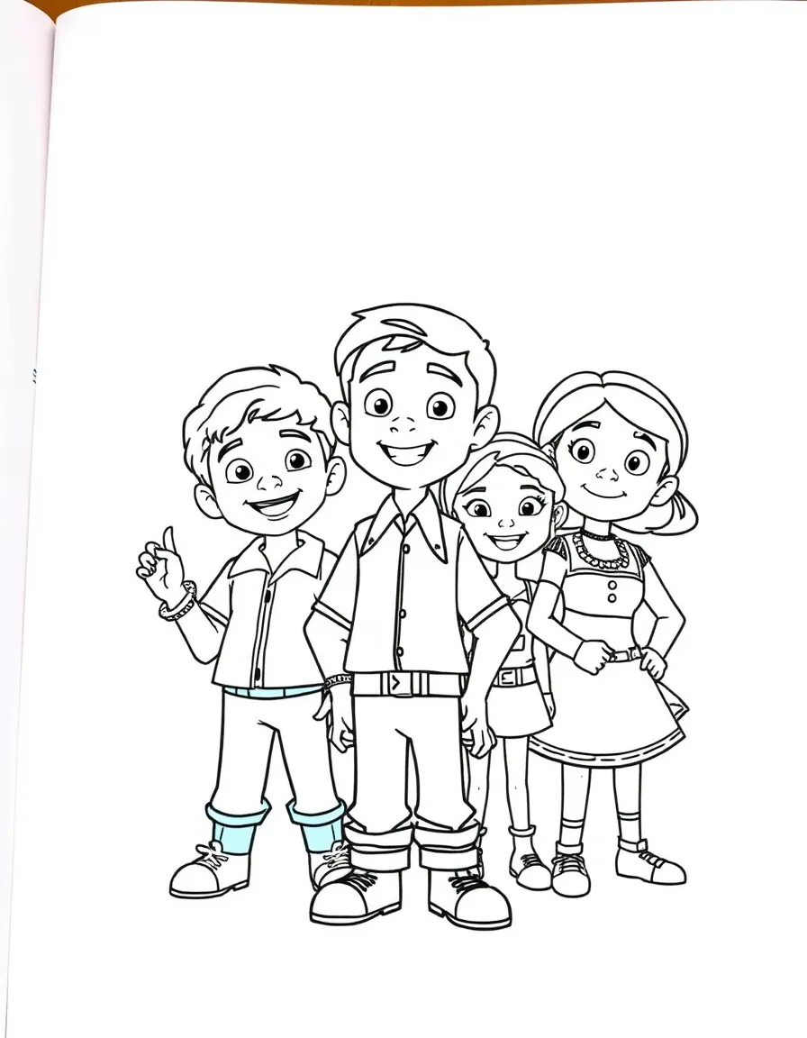 A group coloring page featuring Miguel with other characters from the same show or movie.