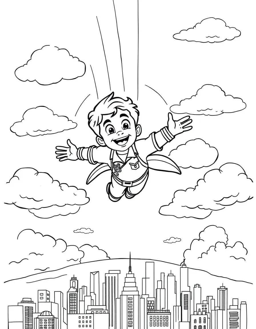 Miguel flying through the clouds with a rainbow behind and city skyline below.