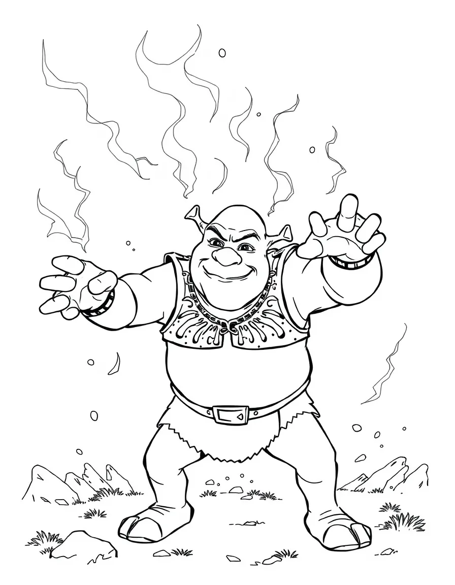 An action-packed scene of Shrek using their special powers in a dramatic battle pose.