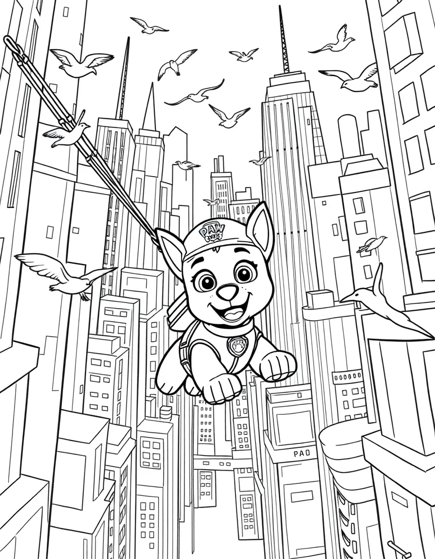 A fun and detailed coloring page of Paw Patrol swinging through a city full of tall buildings and birds.