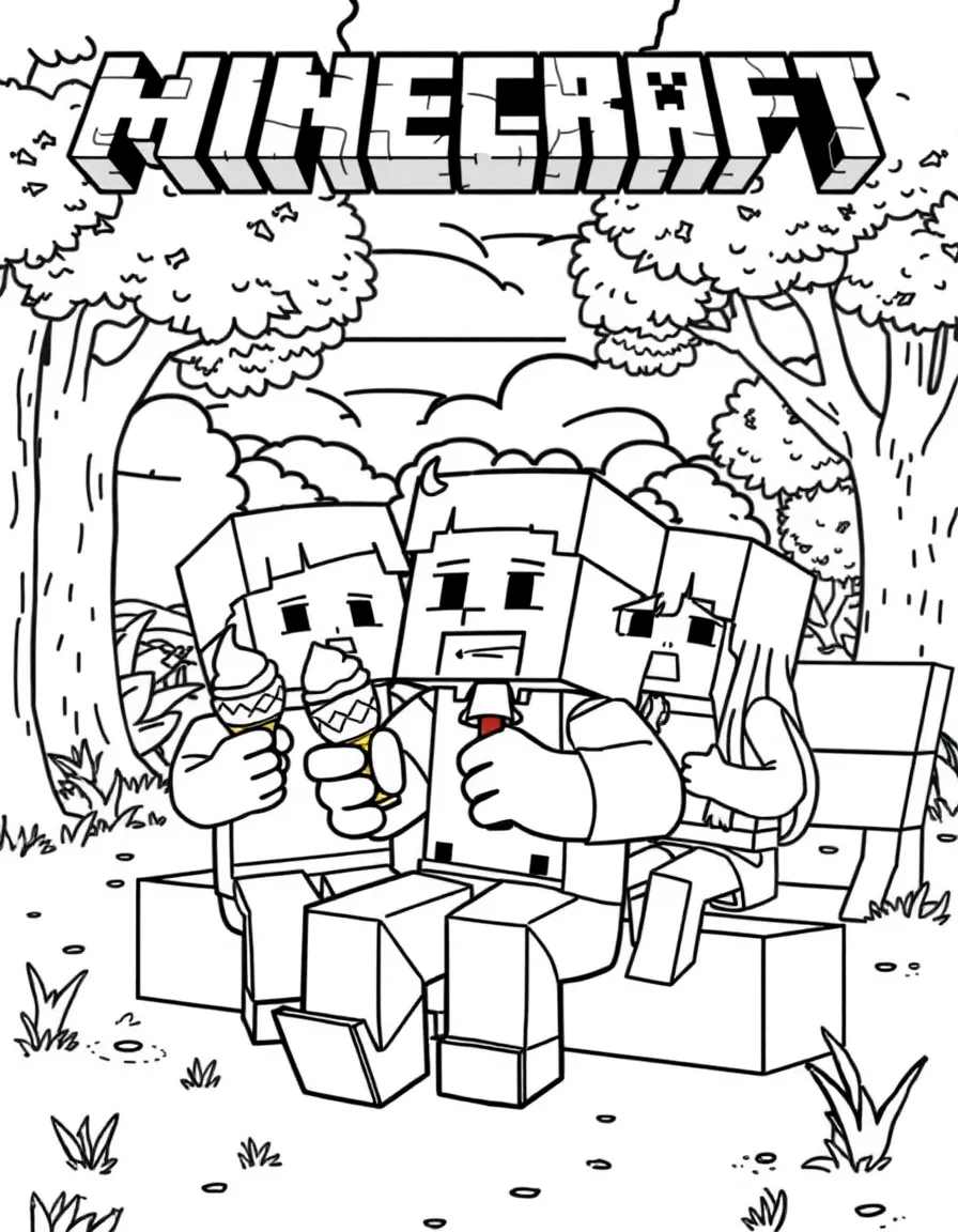 Minecraft enjoying a day off, eating ice cream or playing with friends in a park setting.