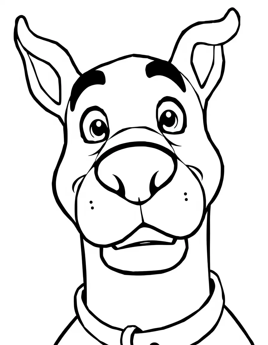 A close-up of Scooby-Doo's face in bold lines with expressive eyes and detailed costume elements.