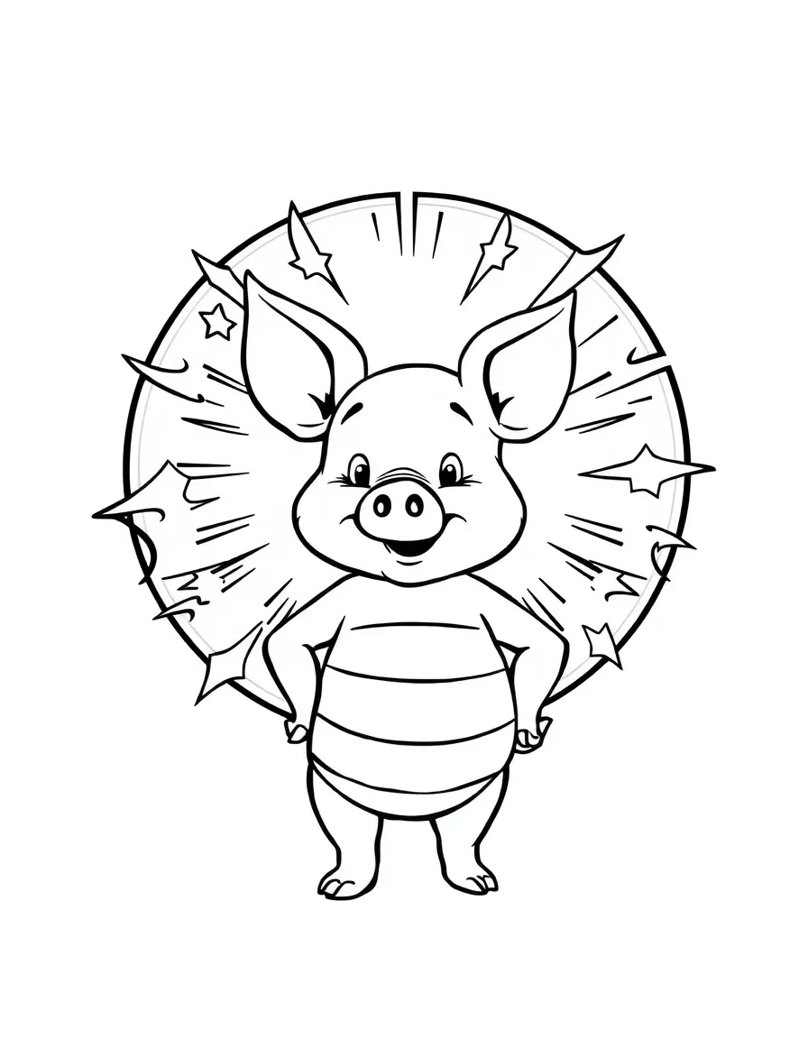 Piglet standing proudly in front of their iconic logo with stars and comic-style effects around.