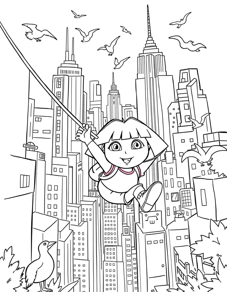 A fun and detailed coloring page of Dora the Explorer swinging through a city full of tall buildings and birds.