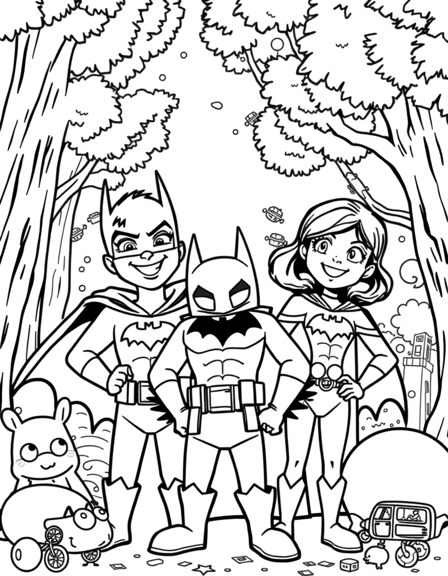 Batman smiling and posing with their sidekicks, surrounded by trees, toys, or fun backgrounds.