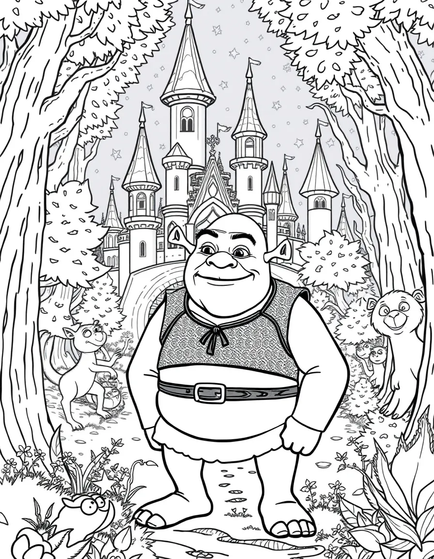 A fantasy background of Shrek in a magical forest or castle, with sparkles and mystical creatures.