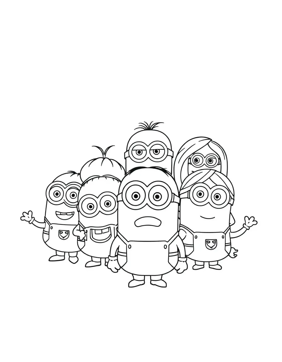 A group coloring page featuring Despicable Me with other characters from the same show or movie.