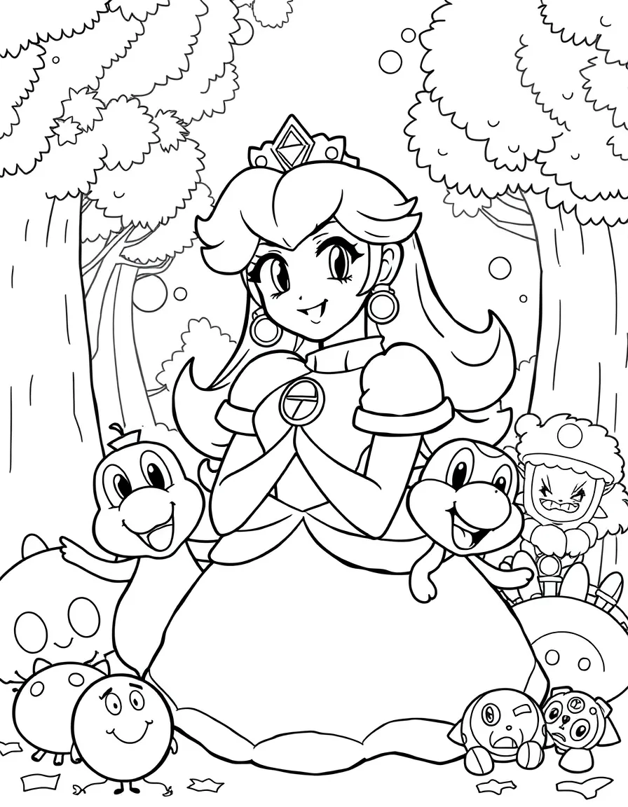 Princess Peach smiling and posing with their sidekicks, surrounded by trees, toys, or fun backgrounds.