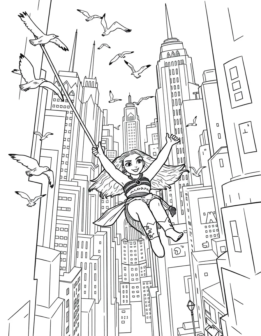 A fun and detailed coloring page of Moana swinging through a city full of tall buildings and birds.
