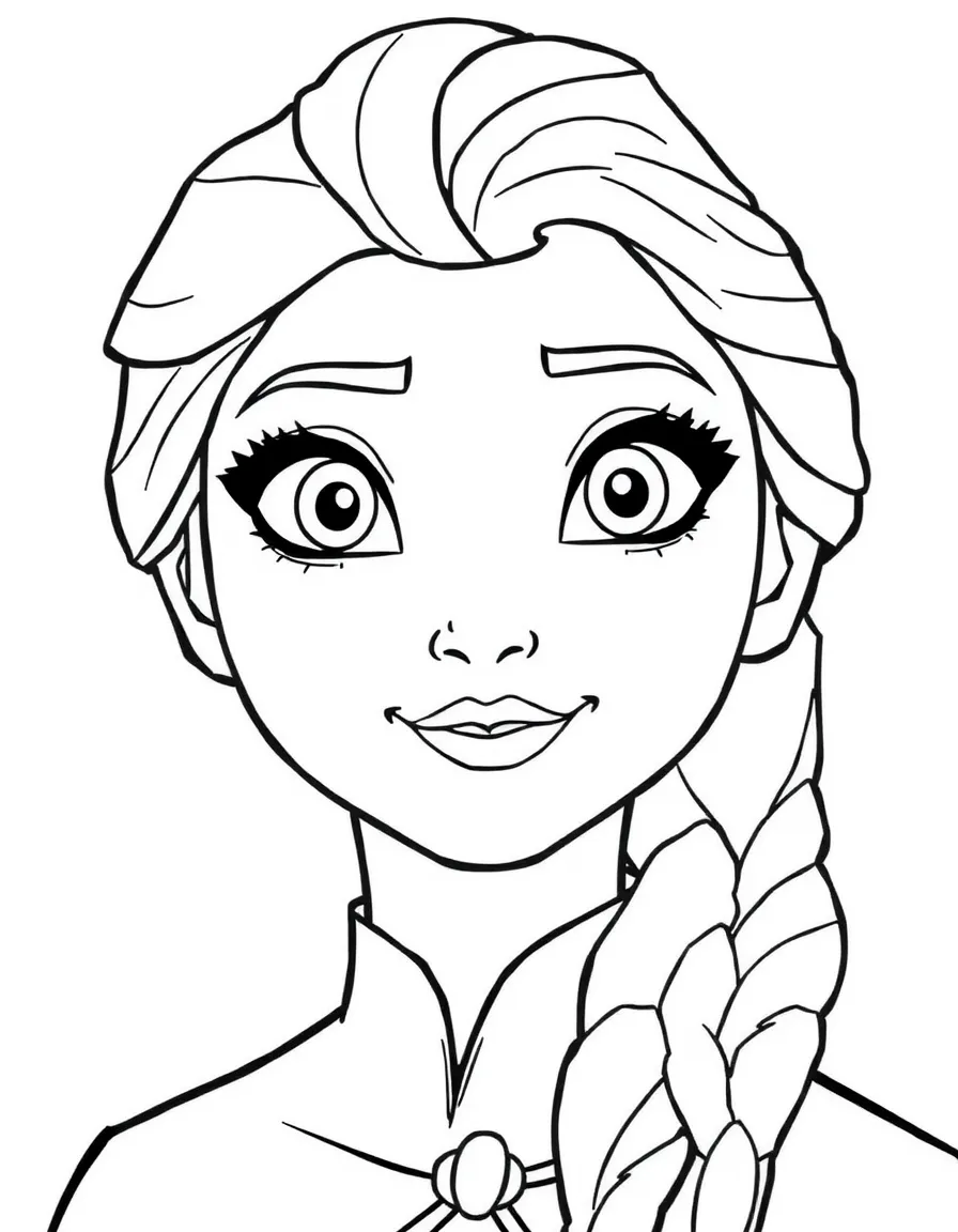A close-up of Frozen's face in bold lines with expressive eyes and detailed costume elements.