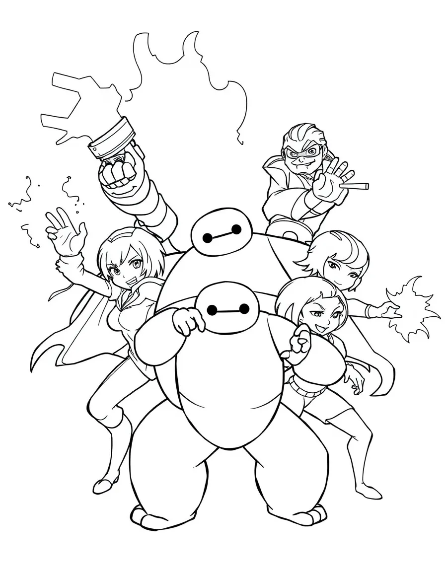 An action-packed scene of Big Hero 6 using their special powers in a dramatic battle pose.