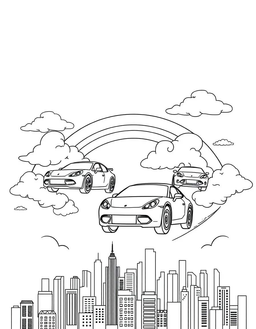 Cars flying through the clouds with a rainbow behind and city skyline below.