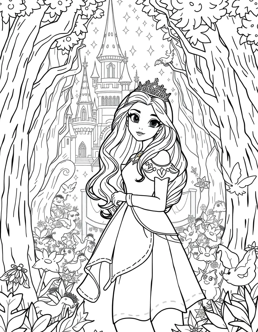A fantasy background of Luisa in a magical forest or castle, with sparkles and mystical creatures.
