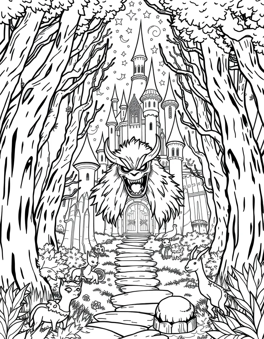 A fantasy background of Anger in a magical forest or castle, with sparkles and mystical creatures.