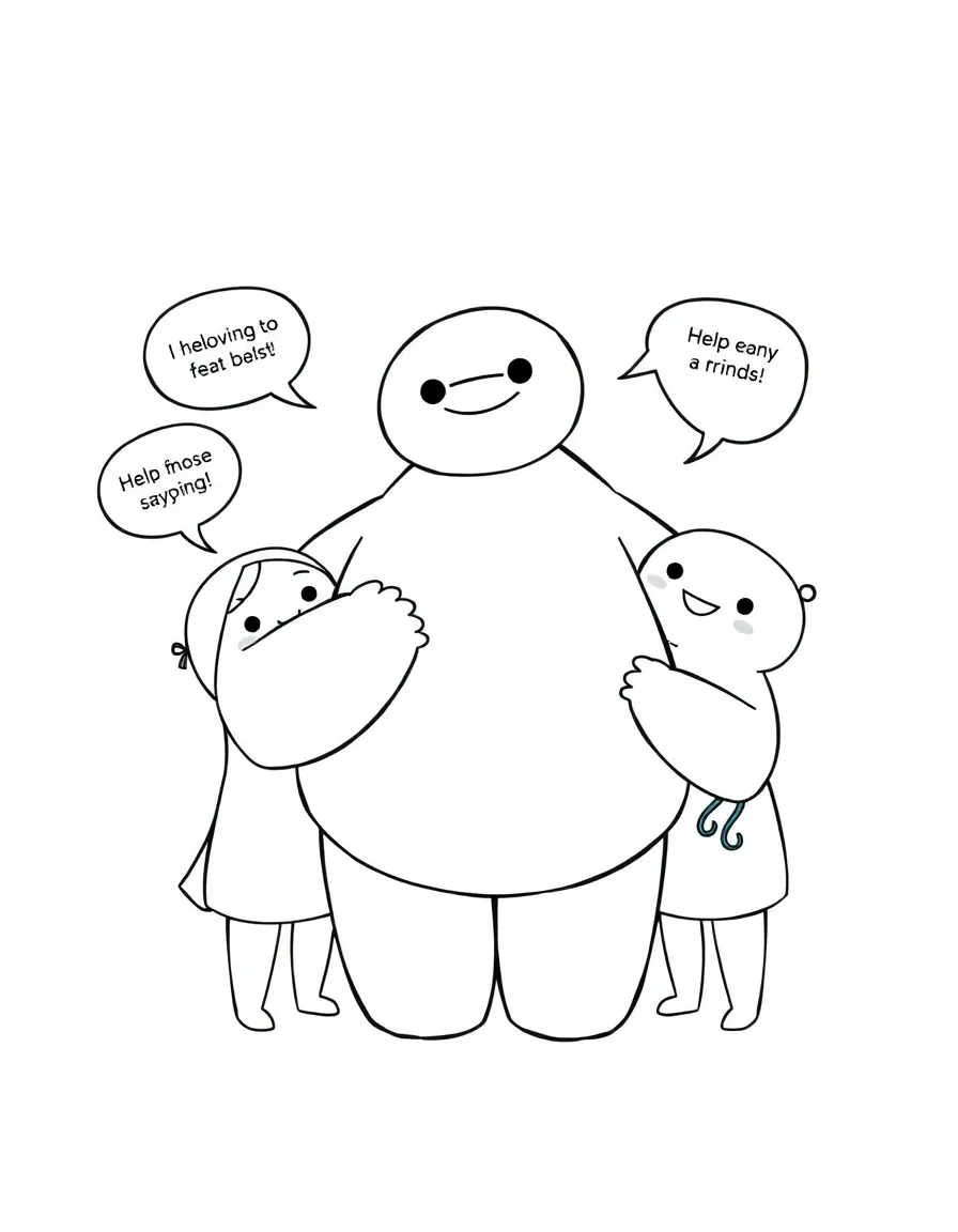 A cartoon-style drawing of Baymax helping friends, with speech bubbles and cheerful faces.