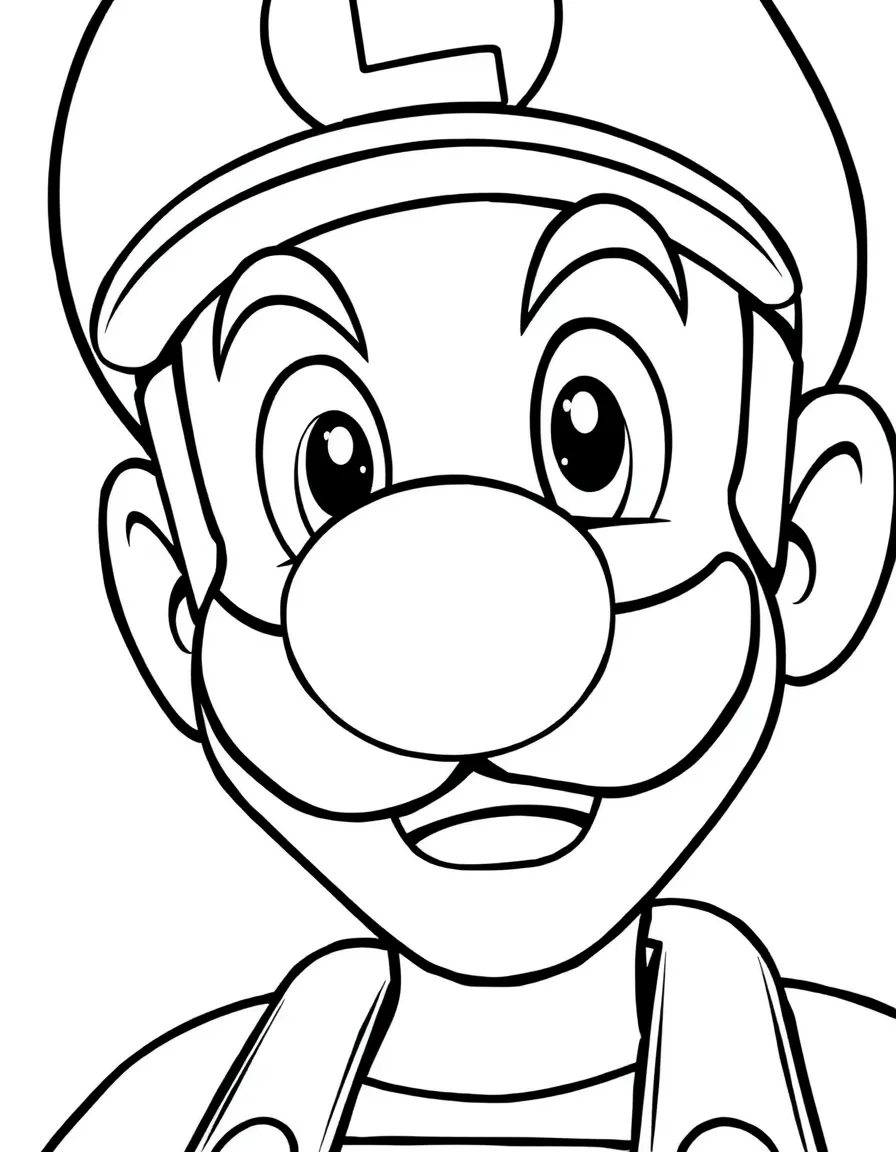 A close-up of Luigi's face in bold lines with expressive eyes and detailed costume elements.