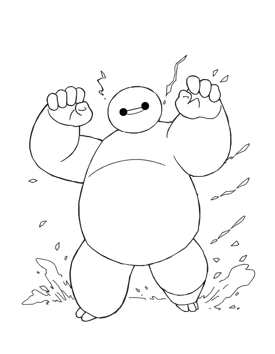 An action-packed scene of Baymax using their special powers in a dramatic battle pose.