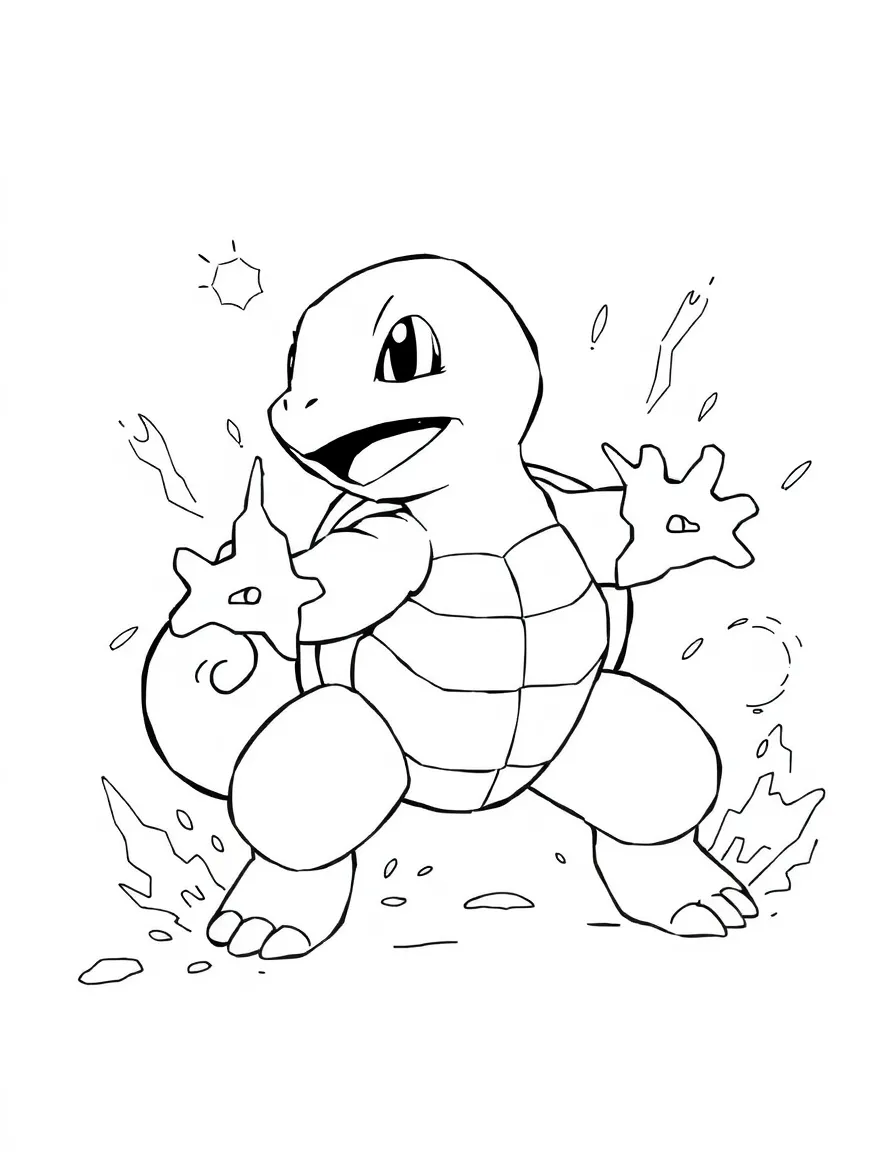 An action-packed scene of Squirtle using their special powers in a dramatic battle pose.