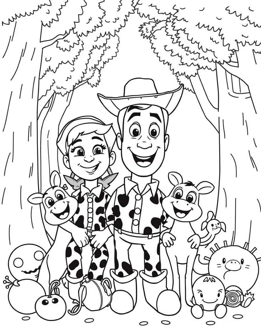 Woody smiling and posing with their sidekicks, surrounded by trees, toys, or fun backgrounds.
