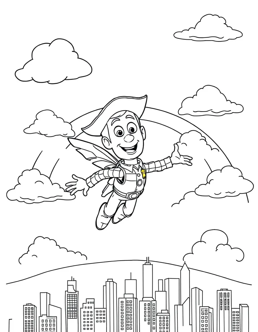 Woody flying through the clouds with a rainbow behind and city skyline below.