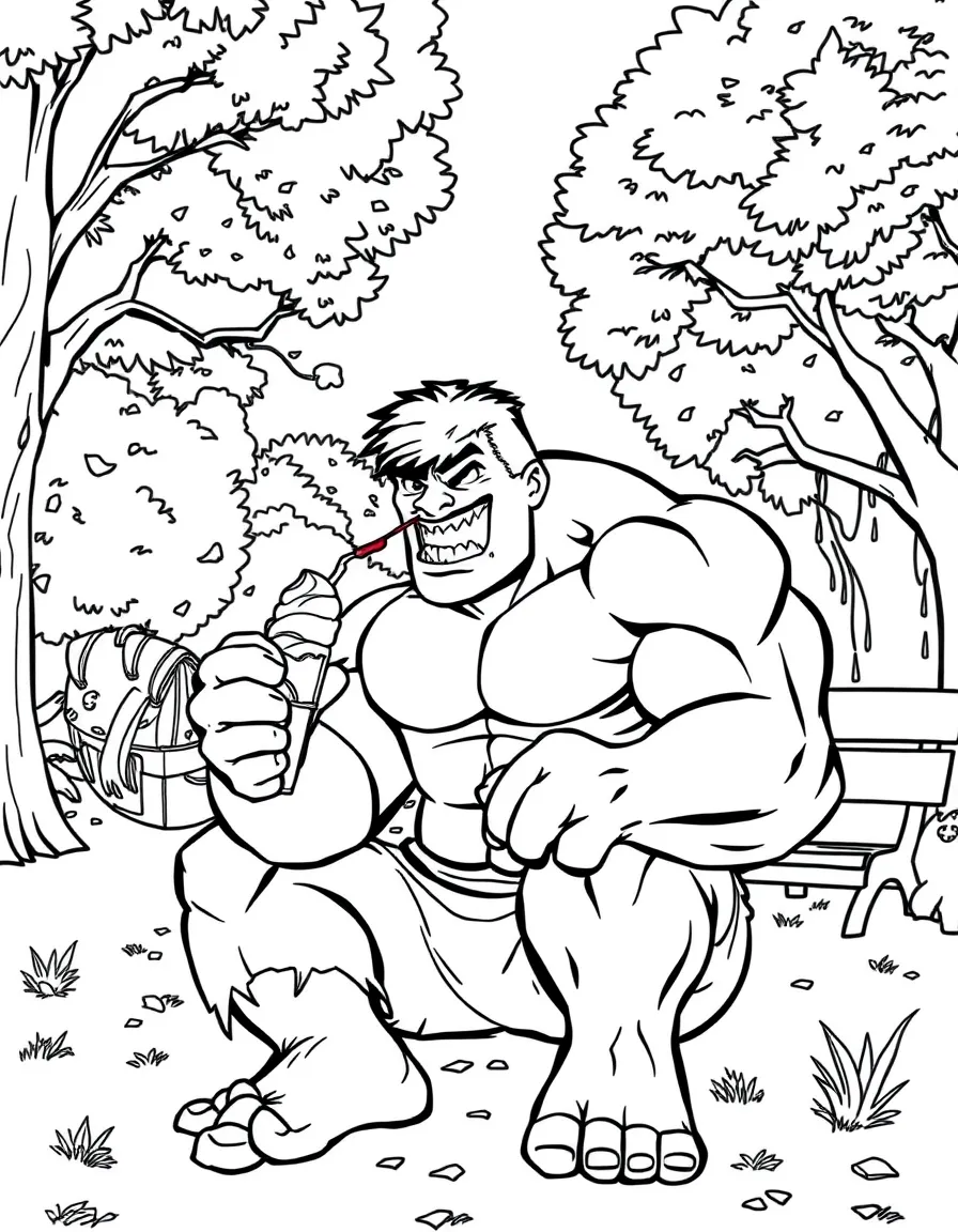 Hulk enjoying a day off, eating ice cream or playing with friends in a park setting.