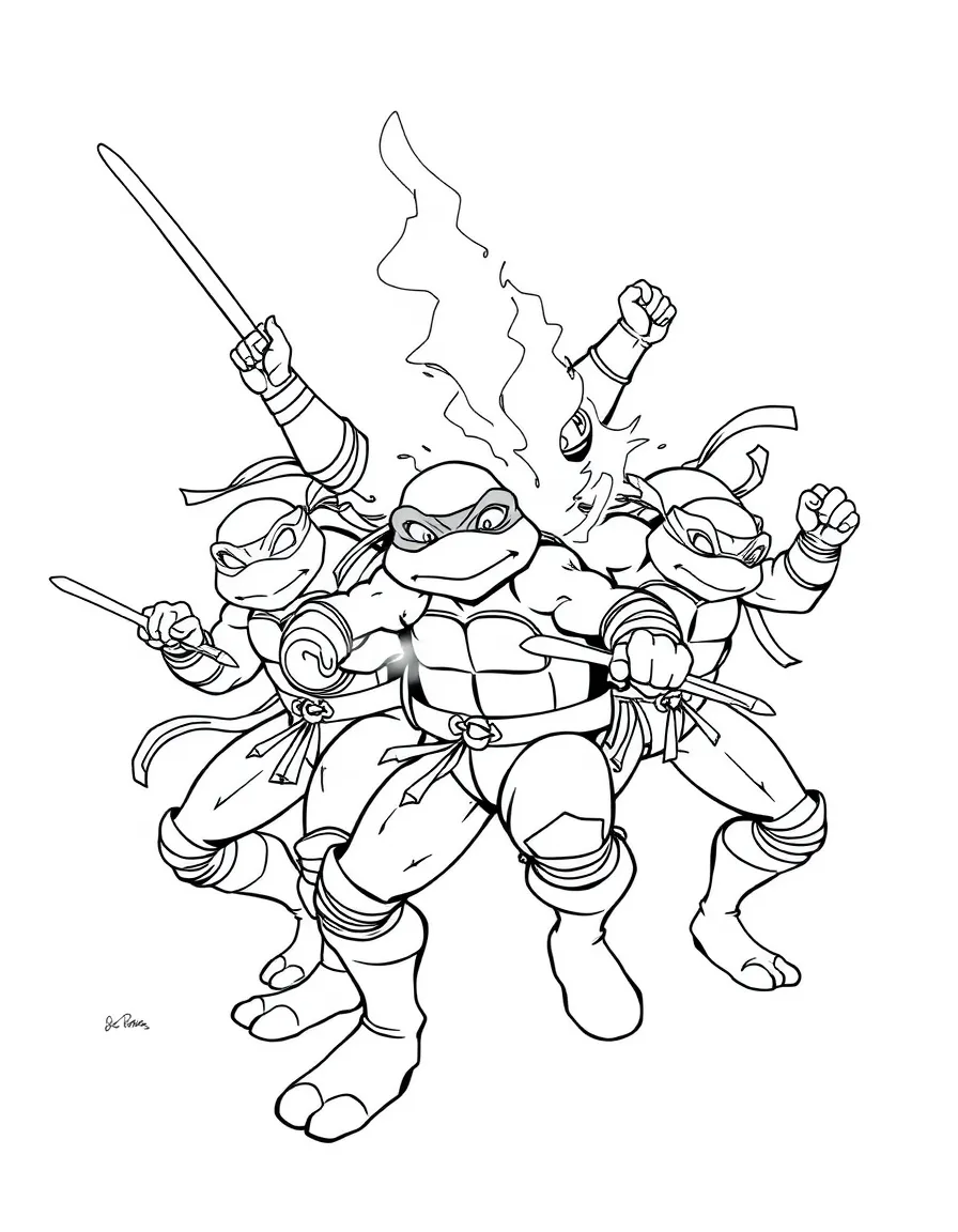 An action-packed scene of Teenage Mutant Ninja Turtles using their special powers in a dramatic battle pose.