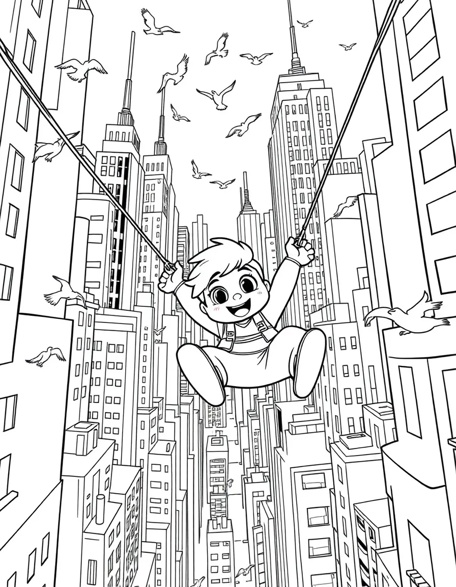 A fun and detailed coloring page of Po swinging through a city full of tall buildings and birds.