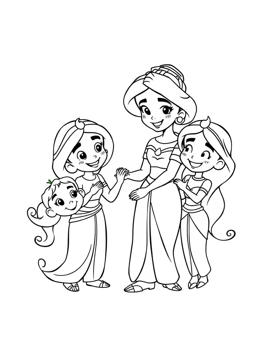 A cartoon-style drawing of Jasmine helping friends, with speech bubbles and cheerful faces.