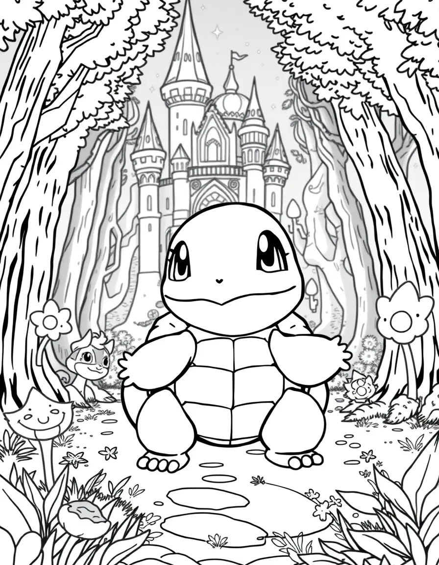 A fantasy background of Squirtle in a magical forest or castle, with sparkles and mystical creatures.